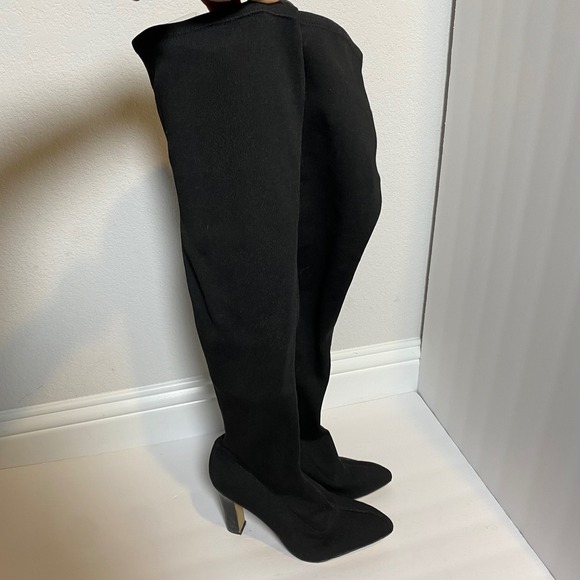 The Fix Shoes - The Fix Black Knit Thigh High Boots Pointed Toe Block Heel Size 9.5 Minimalist